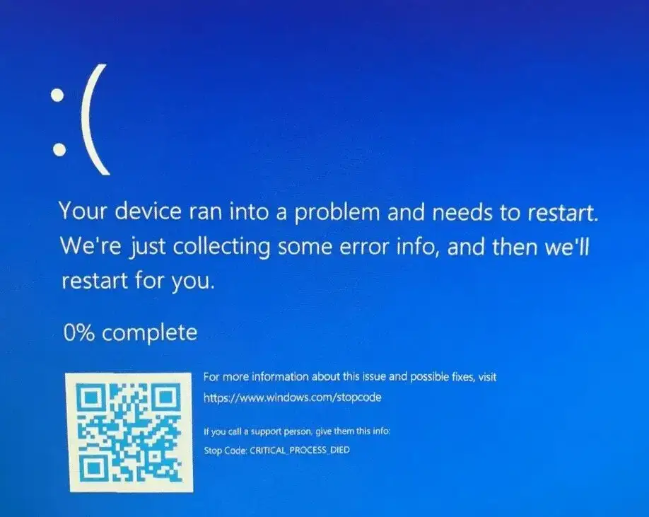 Nie można uruchomić systemu Windows 10 niebieski ekran Critical Process Died